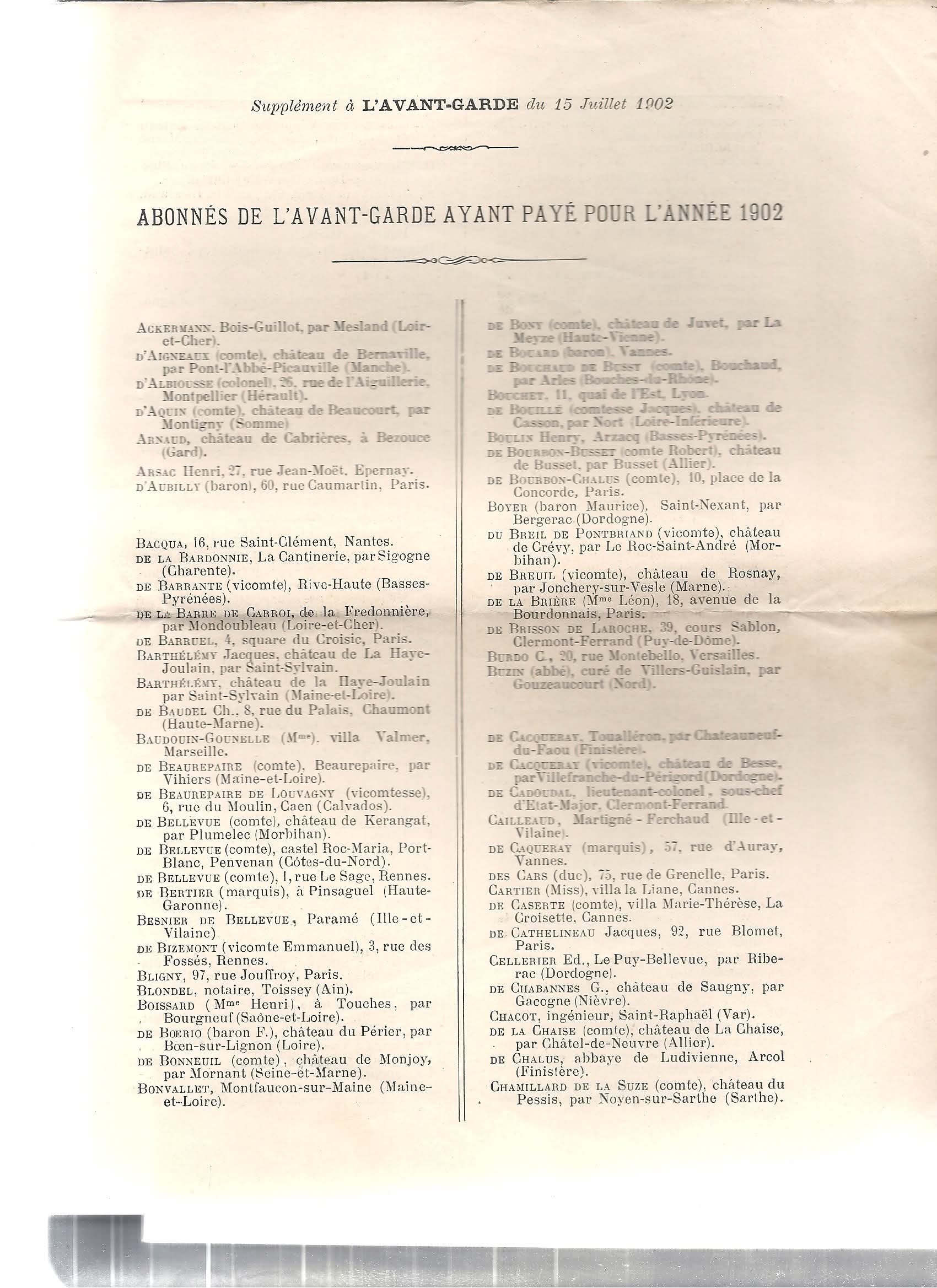 Liste des abonnés de L'Avant-Garde 1902 avec Gaston de La Bardonnie attesté