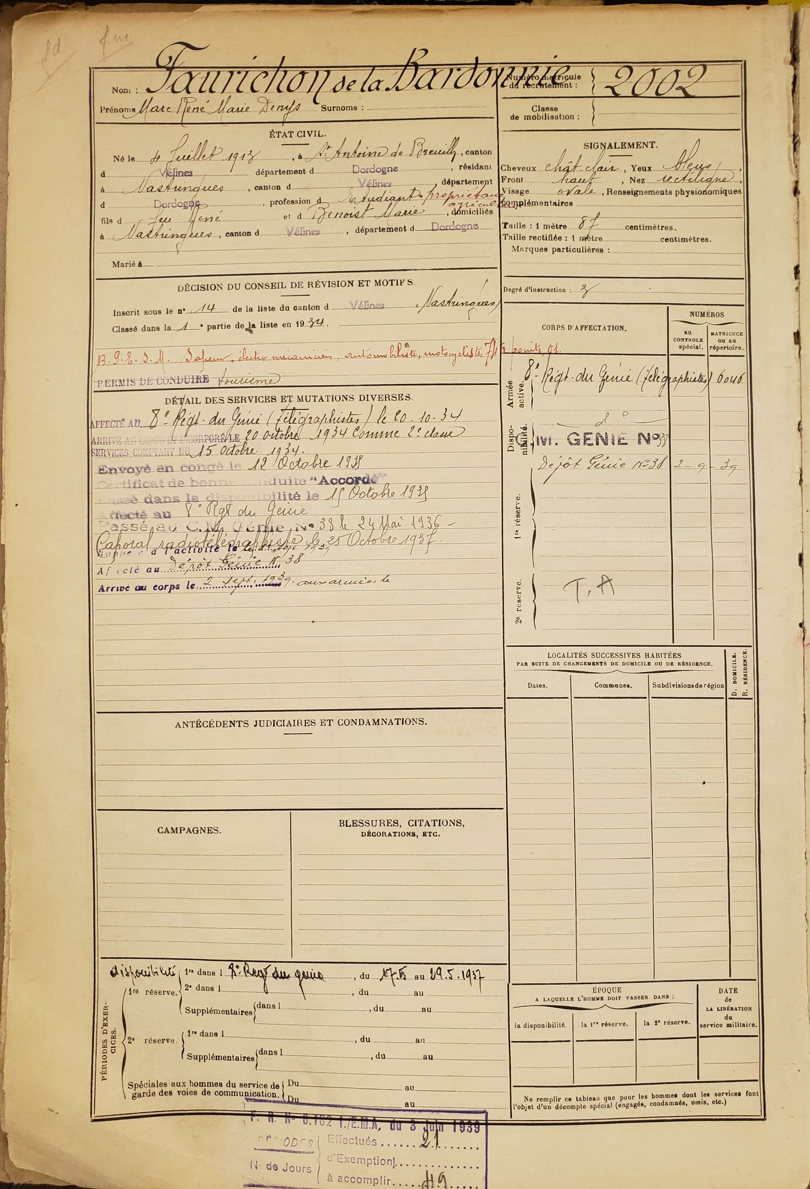 Fiche matricule Marc - Archives Dordogne
